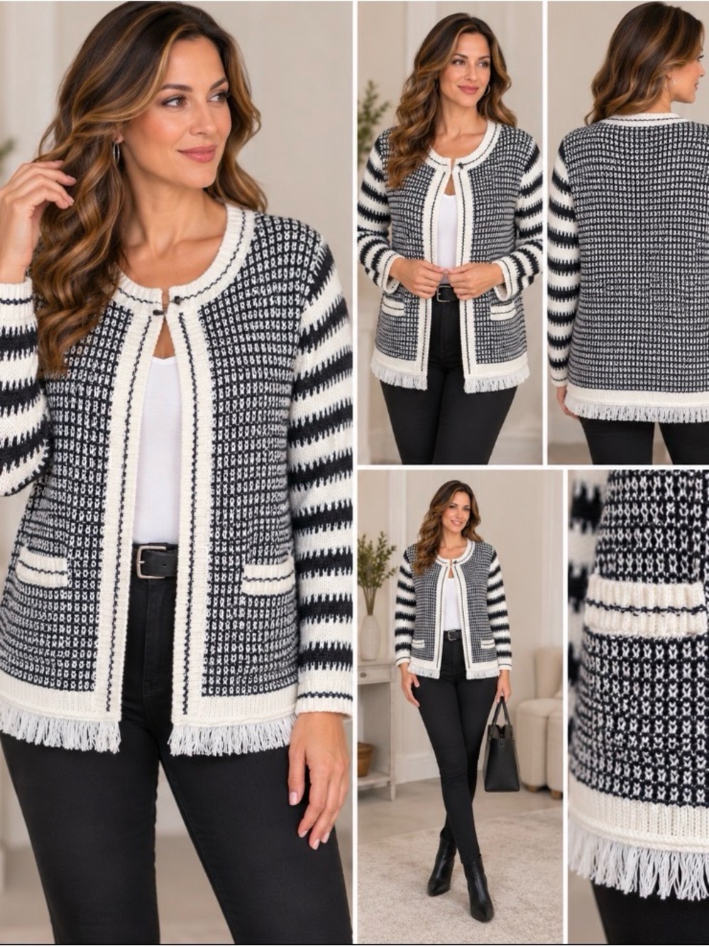 NWT Talbots Black White Textured Knit Fringe Cardigan Jacket L